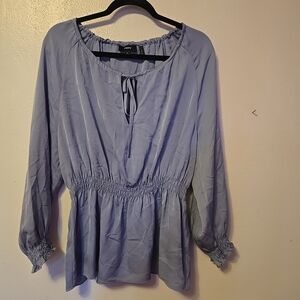 Theory Silk Peplum Tie Neck Blouse Light Blue XL